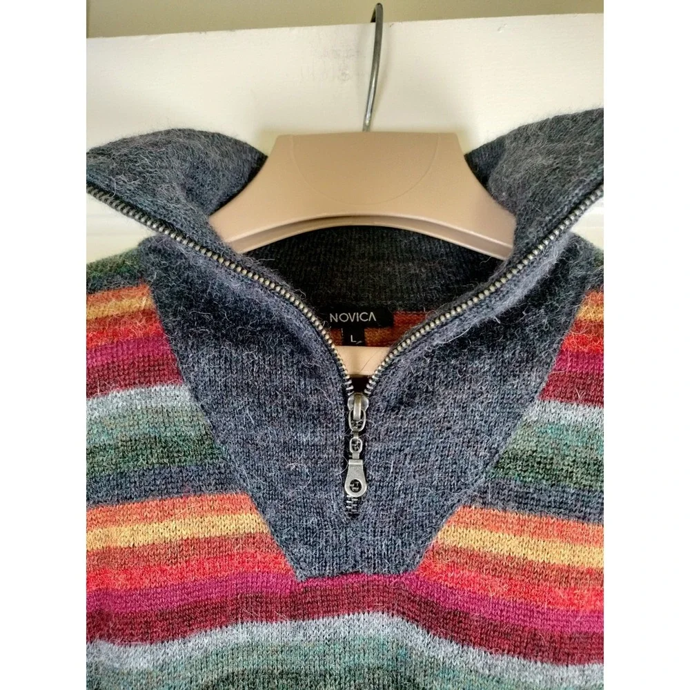Novica 100% Alpaca Sweater Men Large Multicolor Striped Quarter Zip Pullover